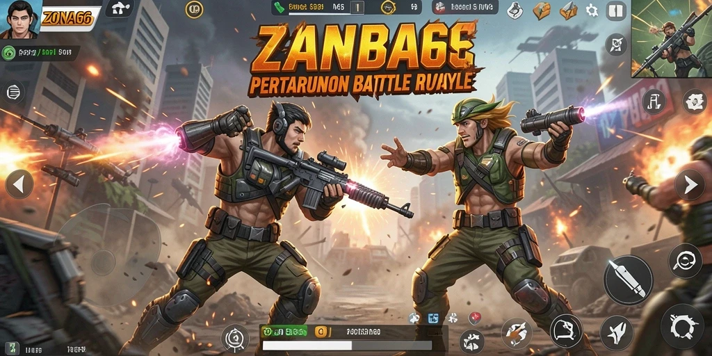 Screenshot gameplay ZONA66 menampilkan aksi pertempuran mendebarkan.
